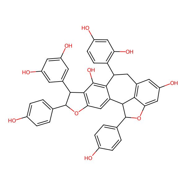 2D Structure of (1S,6S,7S,11S,19S)-11-(2,4-dihydroxyphenyl)-7-(3,5-dihydroxyphenyl)-6,19-bis(4-hydroxyphenyl)-5,18-dioxapentacyclo[11.6.1.02,10.04,8.017,20]icosa-2,4(8),9,13(20),14,16-hexaene-9,15-diol