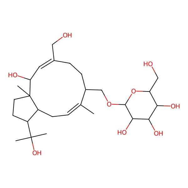 2D Structure of (3R,4S,5S,6R)-2-[[(1R,3aS,4S,5Z,9S,10E,12aS)-4-hydroxy-6-(hydroxymethyl)-1-(2-hydroxypropan-2-yl)-3a,10-dimethyl-2,3,4,7,8,9,12,12a-octahydro-1H-cyclopenta[11]annulen-9-yl]methoxy]-6-(hydroxymethyl)oxane-3,4,5-triol