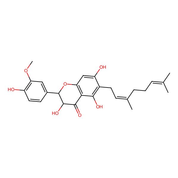 2D Structure of (2S,3S)-6-[(2E)-3,7-dimethylocta-2,6-dienyl]-3,5,7-trihydroxy-2-(4-hydroxy-3-methoxyphenyl)-2,3-dihydrochromen-4-one