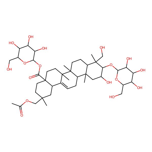2D Structure of [(2R,3R,4S,5S,6R)-3,4,5-trihydroxy-6-(hydroxymethyl)oxan-2-yl] (2S,4aR,6aR,6aS,6bR,8aR,9R,10R,11S,12aR,14bS)-2-(acetyloxymethyl)-11-hydroxy-9-(hydroxymethyl)-2,6a,6b,9,12a-pentamethyl-10-[(2R,3R,4S,5S,6R)-3,4,5-trihydroxy-6-(hydroxymethyl)oxan-2-yl]oxy-1,3,4,5,6,6a,7,8,8a,10,11,12,13,14b-tetradecahydropicene-4a-carboxylate