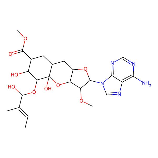 2D Structure of methyl (2R,3R,4aR,5R,6R)-2-(6-aminopurin-9-yl)-4a,6-dihydroxy-5-[(E)-1-hydroxy-2-methylbut-2-enoxy]-3-methoxy-2,3,3a,5,6,7,8,8a,9,9a-decahydrofuro[3,2-b]chromene-7-carboxylate