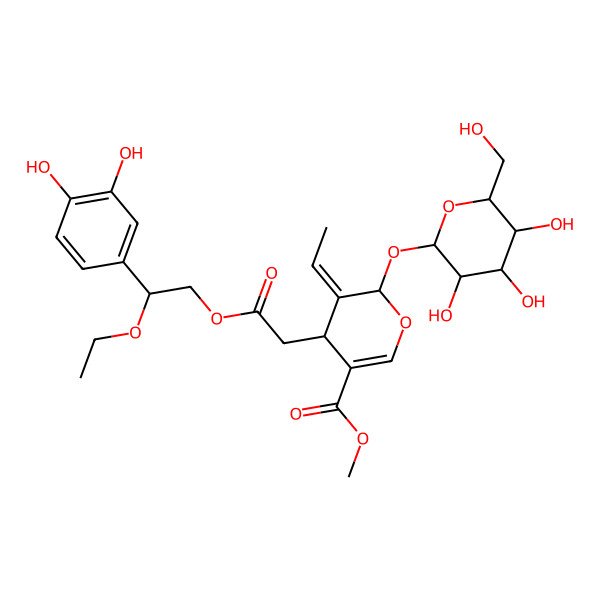 2D Structure of methyl (4S,5E,6S)-4-[2-[(2S)-2-(3,4-dihydroxyphenyl)-2-ethoxyethoxy]-2-oxoethyl]-5-ethylidene-6-[(2S,3R,4S,5S,6S)-3,4,5-trihydroxy-6-(hydroxymethyl)oxan-2-yl]oxy-4H-pyran-3-carboxylate