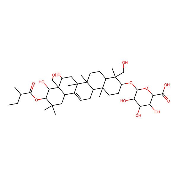 2D Structure of 6-[[8,9-Dihydroxy-4,8a-bis(hydroxymethyl)-4,6a,6b,11,11,14b-hexamethyl-10-(2-methylbutanoyloxy)-1,2,3,4a,5,6,7,8,9,10,12,12a,14,14a-tetradecahydropicen-3-yl]oxy]-3,4,5-trihydroxyoxane-2-carboxylic acid