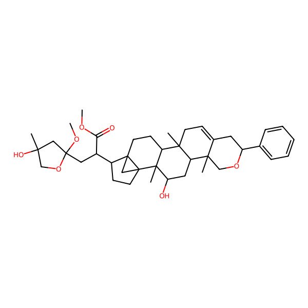 2D Structure of methyl 3-(4-hydroxy-2-methoxy-4-methyloxolan-2-yl)-2-[(1S,2R,3R,5R,6R,9S,14S,15R,18R)-3-hydroxy-2,6,14-trimethyl-9-phenyl-8-oxahexacyclo[16.3.1.01,18.02,15.05,14.06,11]docos-11-en-19-yl]propanoate