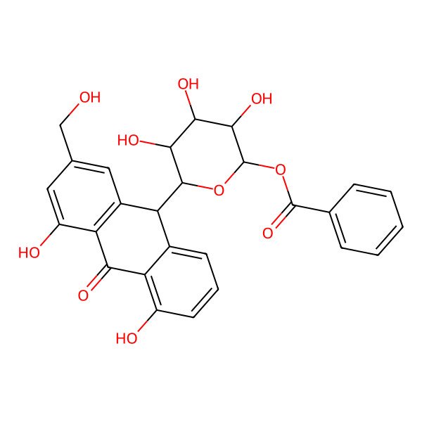 2D Structure of [(2S,3S,4R,5R,6S)-6-[(9R)-4,5-dihydroxy-2-(hydroxymethyl)-10-oxo-9H-anthracen-9-yl]-3,4,5-trihydroxyoxan-2-yl] benzoate