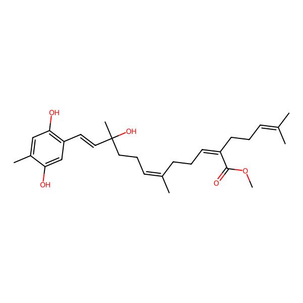 2D Structure of methyl (10S)-12-(2,5-dihydroxy-4-methylphenyl)-10-hydroxy-6,10-dimethyl-2-(4-methylpent-3-enyl)dodeca-2,6,11-trienoate