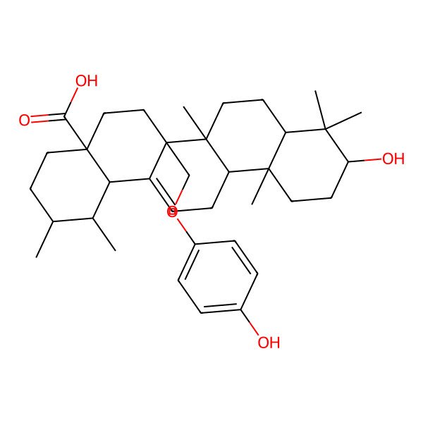 2D Structure of 10-hydroxy-6a-[(4-hydroxyphenoxy)methyl]-1,2,6b,9,9,12a-hexamethyl-2,3,4,5,6,6a,7,8,8a,10,11,12,13,14b-tetradecahydro-1H-picene-4a-carboxylic acid