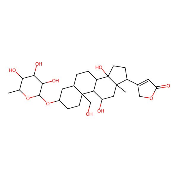2D Structure of 3-[(3S,5R,8R,9S,10R,11R,13R,14S,17R)-11,14-dihydroxy-10-(hydroxymethyl)-13-methyl-3-[(2R,3R,4R,5R,6R)-3,4,5-trihydroxy-6-methyloxan-2-yl]oxy-1,2,3,4,5,6,7,8,9,11,12,15,16,17-tetradecahydrocyclopenta[a]phenanthren-17-yl]-2H-furan-5-one