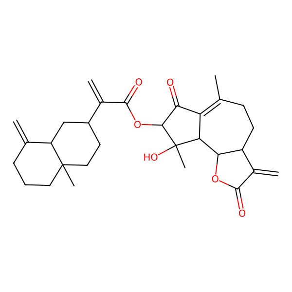2D Structure of (9-Hydroxy-6,9-dimethyl-3-methylidene-2,7-dioxo-3a,4,5,8,9a,9b-hexahydroazuleno[4,5-b]furan-8-yl) 2-(4a-methyl-8-methylidene-1,2,3,4,5,6,7,8a-octahydronaphthalen-2-yl)prop-2-enoate
