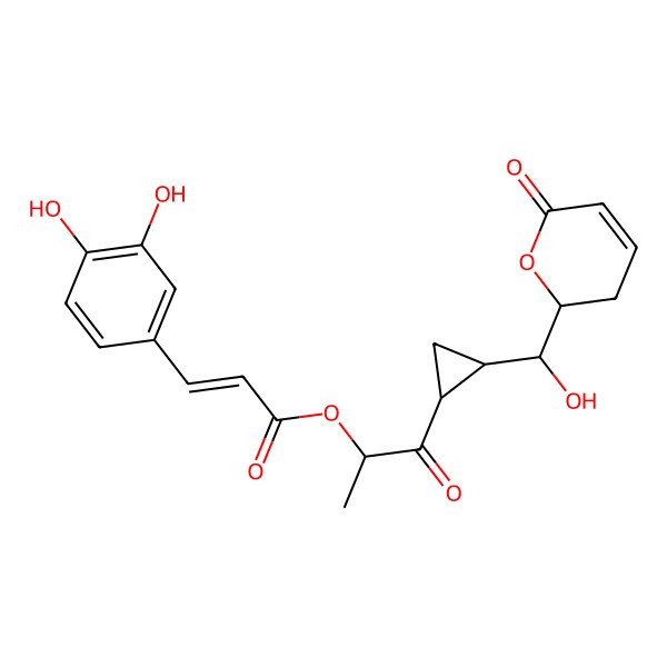 2D Structure of [(2R)-1-[(1S,2S)-2-[(S)-hydroxy-[(2R)-6-oxo-2,3-dihydropyran-2-yl]methyl]cyclopropyl]-1-oxopropan-2-yl] (E)-3-(3,4-dihydroxyphenyl)prop-2-enoate