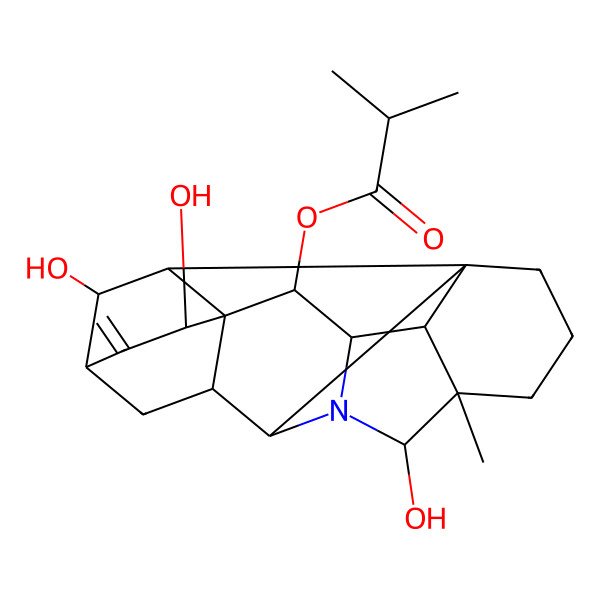 2D Structure of (6,13,19-Trihydroxy-5-methyl-12-methylidene-7-azaheptacyclo[9.6.2.01,8.05,17.07,16.09,14.014,18]nonadecan-15-yl) 2-methylpropanoate