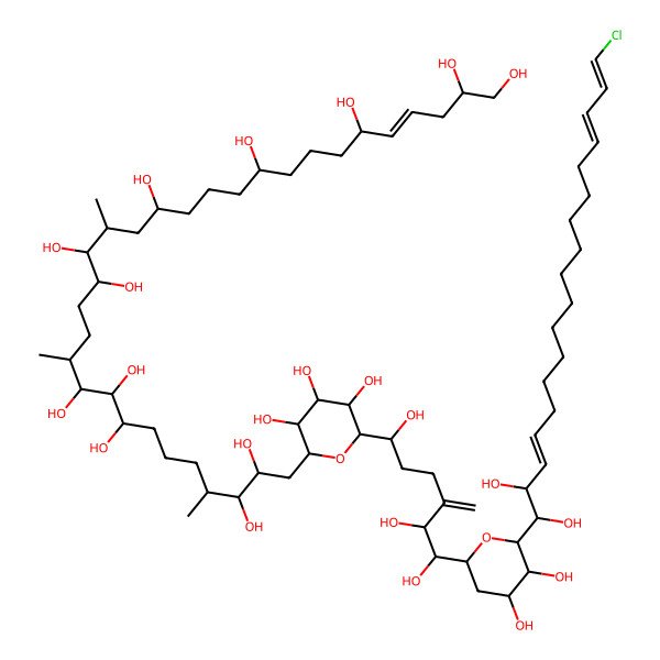 2D Structure of (E)-31-[6-[6-[6-[(3E,15E,17E)-18-chloro-1,2-dihydroxyoctadeca-3,15,17-trienyl]-4,5-dihydroxyoxan-2-yl]-1,5,6-trihydroxy-4-methylidenehexyl]-3,4,5-trihydroxyoxan-2-yl]-16,21,28-trimethylhentriacont-4-ene-1,2,6,10,14,17,18,22,23,24,29,30-dodecol