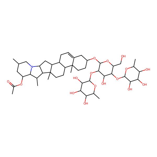 2D Structure of [(1S,2S,7S,10R,11S,14S,15R,16S,17S,18S,20S,23S)-7-[(2R,3R,4S,5S,6R)-4-hydroxy-6-(hydroxymethyl)-3,5-bis[[(2S,3R,4R,5R,6S)-3,4,5-trihydroxy-6-methyloxan-2-yl]oxy]oxan-2-yl]oxy-10,14,16,20-tetramethyl-22-azahexacyclo[12.10.0.02,11.05,10.015,23.017,22]tetracos-4-en-18-yl] acetate