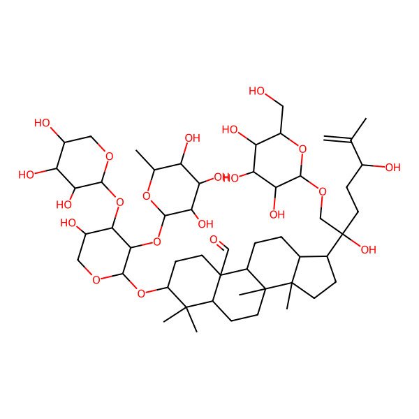 2D Structure of (3S,5S,8R,9S,10S,13R,14R,17S)-17-[(2S,5S)-2,5-dihydroxy-6-methyl-1-[(2R,3R,4S,5S,6R)-3,4,5-trihydroxy-6-(hydroxymethyl)oxan-2-yl]oxyhept-6-en-2-yl]-3-[(2S,3R,4S,5S)-5-hydroxy-3-[(2R,3R,4R,5R,6S)-3,4,5-trihydroxy-6-methyloxan-2-yl]oxy-4-[(2S,3R,4S,5R)-3,4,5-trihydroxyoxan-2-yl]oxyoxan-2-yl]oxy-4,4,8,14-tetramethyl-2,3,5,6,7,9,11,12,13,15,16,17-dodecahydro-1H-cyclopenta[a]phenanthrene-10-carbaldehyde