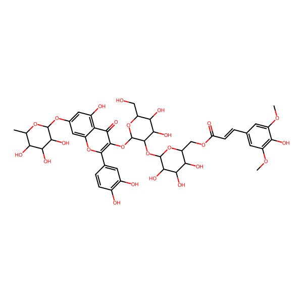 2D Structure of [(2S,3S,4S,5S,6S)-6-[(2S,3R,4S,5S,6R)-2-[2-(3,4-dihydroxyphenyl)-5-hydroxy-4-oxo-7-[(2S,3S,4R,5R,6S)-3,4,5-trihydroxy-6-methyloxan-2-yl]oxychromen-3-yl]oxy-4,5-dihydroxy-6-(hydroxymethyl)oxan-3-yl]oxy-3,4,5-trihydroxyoxan-2-yl]methyl (E)-3-(4-hydroxy-3,5-dimethoxyphenyl)prop-2-enoate