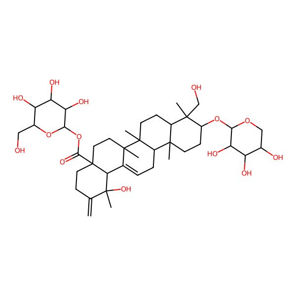 2D Structure of [3,4,5-trihydroxy-6-(hydroxymethyl)oxan-2-yl] 1-hydroxy-9-(hydroxymethyl)-1,6a,6b,9,12a-pentamethyl-2-methylidene-10-(3,4,5-trihydroxyoxan-2-yl)oxy-4,5,6,6a,7,8,8a,10,11,12,13,14b-dodecahydro-3H-picene-4a-carboxylate