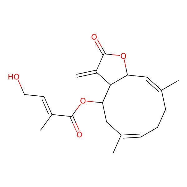 2D Structure of (6,10-Dimethyl-3-methylidene-2-oxo-3a,4,5,8,9,11a-hexahydrocyclodeca[b]furan-4-yl) 4-hydroxy-2-methylbut-2-enoate