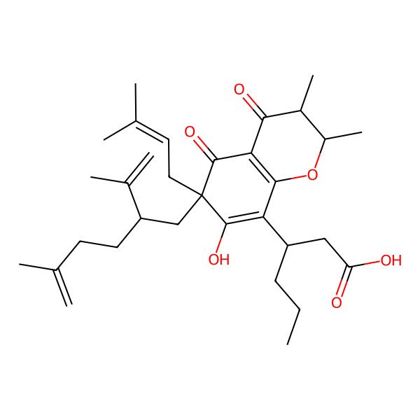 2D Structure of 3-[7-Hydroxy-2,3-dimethyl-6-(3-methylbut-2-enyl)-6-(5-methyl-2-prop-1-en-2-ylhex-5-enyl)-4,5-dioxo-2,3-dihydrochromen-8-yl]hexanoic acid