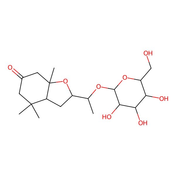 2D Structure of 4,4,7a-trimethyl-2-[1-[3,4,5-trihydroxy-6-(hydroxymethyl)oxan-2-yl]oxyethyl]-3,3a,5,7-tetrahydro-2H-1-benzofuran-6-one