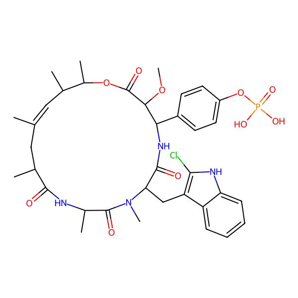 2D Structure of [4-[7-[(2-chloro-1H-indol-3-yl)methyl]-3-methoxy-8,10,13,15,17,18-hexamethyl-2,6,9,12-tetraoxo-1-oxa-5,8,11-triazacyclooctadec-15-en-4-yl]phenyl] dihydrogen phosphate