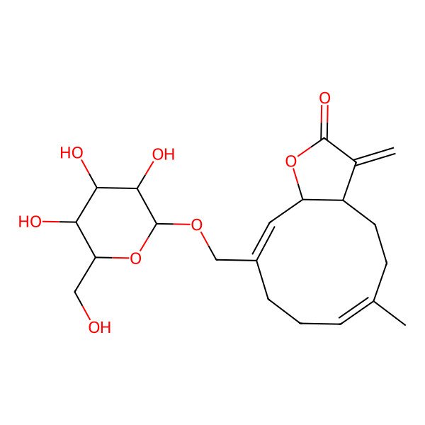 2D Structure of 6-Methyl-3-methylidene-10-[[3,4,5-trihydroxy-6-(hydroxymethyl)oxan-2-yl]oxymethyl]-3a,4,5,8,9,11a-hexahydrocyclodeca[b]furan-2-one