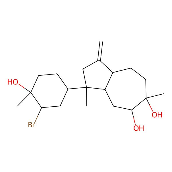 2D Structure of 3-(3-bromo-4-hydroxy-4-methylcyclohexyl)-3,6-dimethyl-1-methylidene-3a,4,5,7,8,8a-hexahydro-2H-azulene-5,6-diol