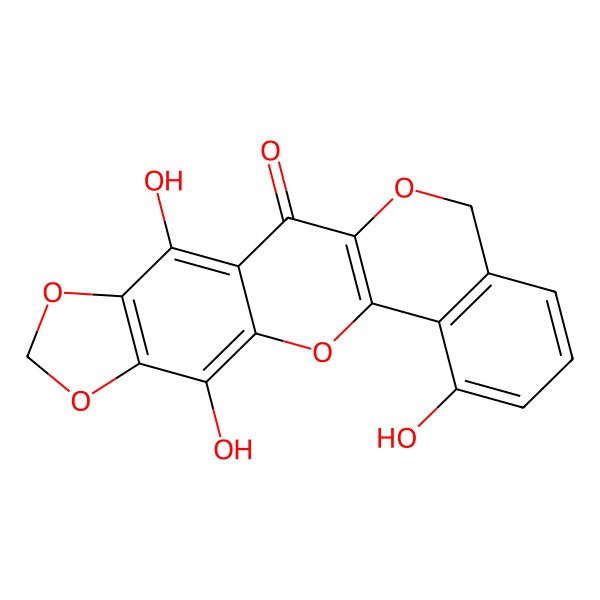 2D Structure of 4,10,15-Trihydroxy-6,8,12,21-tetraoxapentacyclo[11.8.0.03,11.05,9.014,19]henicosa-1(13),3,5(9),10,14(19),15,17-heptaen-2-one