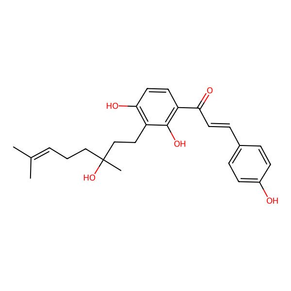 2D Structure of (E)-1-[2,4-dihydroxy-3-[(3R)-3-hydroxy-3,7-dimethyloct-6-enyl]phenyl]-3-(4-hydroxyphenyl)prop-2-en-1-one