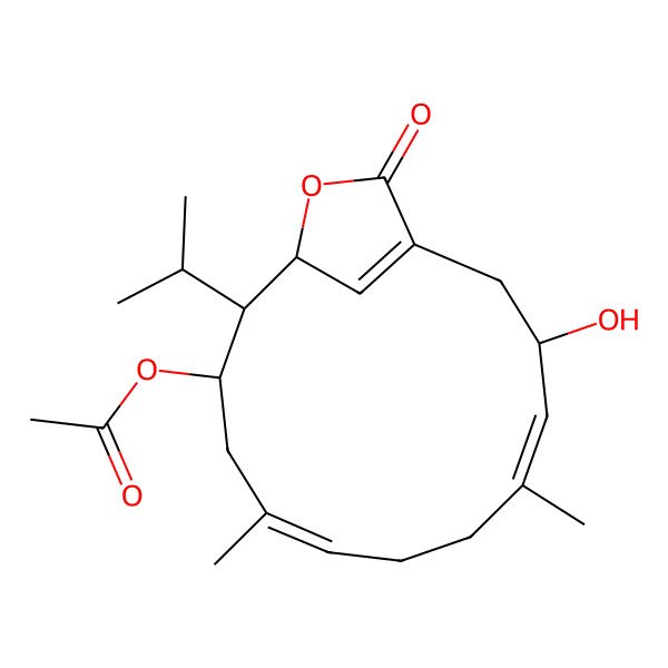 2D Structure of [(3R,4E,8E,11S,12R,13R)-3-hydroxy-5,9-dimethyl-15-oxo-12-propan-2-yl-14-oxabicyclo[11.2.1]hexadeca-1(16),4,8-trien-11-yl] acetate