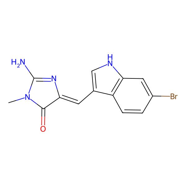 2D Structure of (5E)-2-amino-5-[(6-bromo-1H-indol-3-yl)methylidene]-3-methylimidazol-4-one