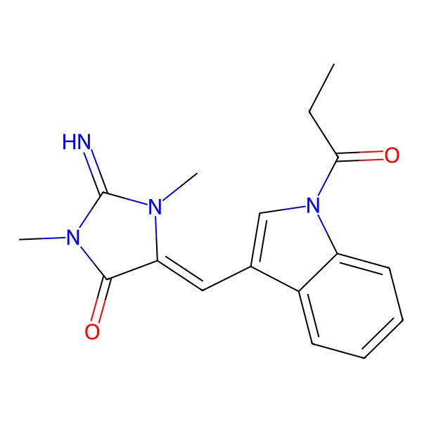 2D Structure of (5E)-2-imino-1,3-dimethyl-5-[(1-propanoylindol-3-yl)methylidene]imidazolidin-4-one