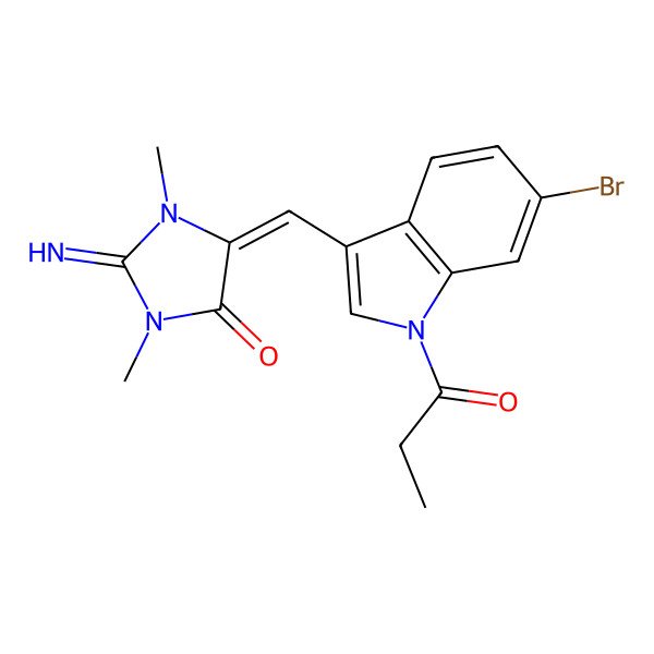 2D Structure of (5E)-5-[(6-bromo-1-propanoylindol-3-yl)methylidene]-2-imino-1,3-dimethylimidazolidin-4-one