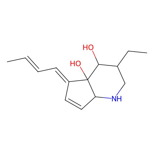 2D Structure of (5E)-5-[(E)-but-2-enylidene]-3-ethyl-2,3,4,7a-tetrahydro-1H-cyclopenta[b]pyridine-4,4a-diol