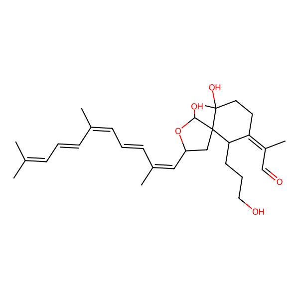 2D Structure of (2Z)-2-[(1R,3S,5R,6S,10R)-1,6-dihydroxy-10-(3-hydroxypropyl)-6-methyl-3-[(1E,3E,5E,7E)-2,6,10-trimethylundeca-1,3,5,7,9-pentaenyl]-2-oxaspiro[4.5]decan-9-ylidene]propanal