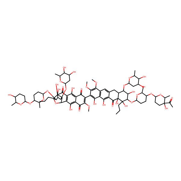 2D Structure of (2R,4S,5R,6R,7S,8R,9S)-15-[(6aS,7R,8S,9R,10S,10aS)-9-[(2S,5S,6R)-5-[(2R,5S,6S)-5-acetyl-5-hydroxy-6-methyloxan-2-yl]oxy-6-methyloxan-2-yl]oxy-7-[(2S,4R,5R,6S)-4,5-dihydroxy-6-methyloxan-2-yl]oxy-1,8,10,10a,12-pentahydroxy-3,4-dimethoxy-11-oxo-10-propyl-6a,7,8,9-tetrahydro-6H-tetracen-2-yl]-7-[(2S,4S,5R,6R)-4,5-dihydroxy-6-methyloxan-2-yl]oxy-6,9,12,19-tetrahydroxy-5-[(2S,5S,6R)-5-[(2R,5S,6R)-5-hydroxy-6-methyloxan-2-yl]oxy-6-methyloxan-2-yl]oxy-16-methoxy-4-propyl-3-oxapentacyclo[9.8.0.02,8.04,9.013,18]nonadeca-1(11),12,15,18-tetraene-10,14,17-trione