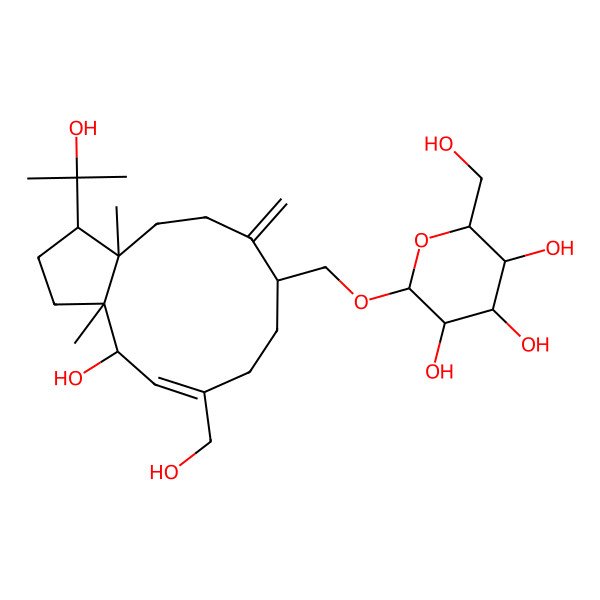 2D Structure of (3R,4S,5S,6R)-2-[[(1R,3aS,4S,5Z,9R,12aS)-4-hydroxy-6-(hydroxymethyl)-1-(2-hydroxypropan-2-yl)-3a,12a-dimethyl-10-methylidene-2,3,4,7,8,9,11,12-octahydro-1H-cyclopenta[11]annulen-9-yl]methoxy]-6-(hydroxymethyl)oxane-3,4,5-triol
