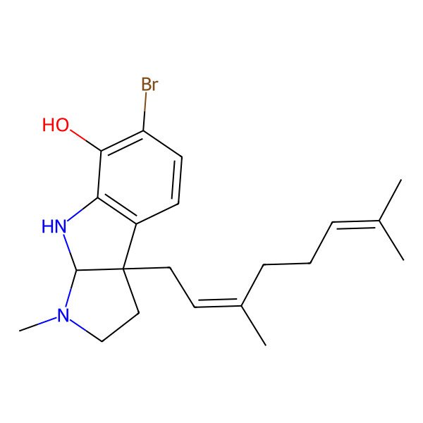 2D Structure of (3aS,8bS)-6-bromo-8b-[(2E)-3,7-dimethylocta-2,6-dienyl]-3-methyl-1,2,3a,4-tetrahydropyrrolo[2,3-b]indol-5-ol