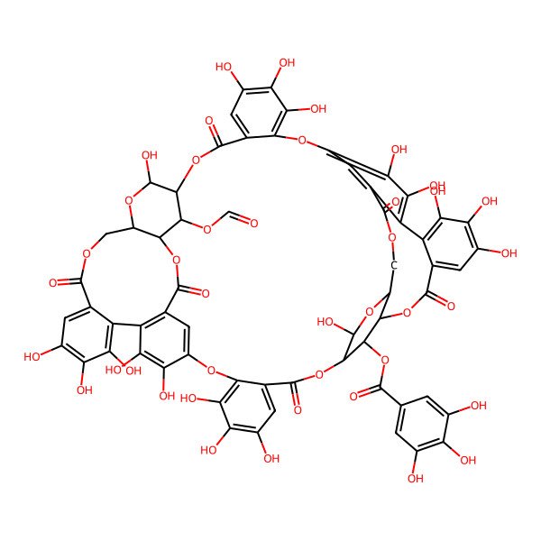 2D Structure of [(11R,12S,14R,15R,37R,38R,40R,57R,58S,64S)-58-formyloxy-4,5,6,12,20,21,22,25,26,30,31,32,38,46,47,48,51,52-octadecahydroxy-9,17,35,43,55,61-hexaoxo-2,10,13,16,28,36,39,42,56,62-decaoxaundecacyclo[35.15.6.514,27.111,15.03,8.018,23.029,34.040,57.044,49.050,54.024,60]tetrahexaconta-1(52),3,5,7,18,20,22,24,26,29,31,33,44,46,48,50,53,59-octadecaen-64-yl] 3,4,5-trihydroxybenzoate
