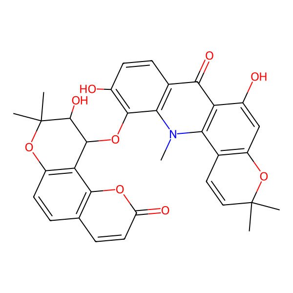 2D Structure of 6,10-dihydroxy-11-[[(9S,10S)-9-hydroxy-8,8-dimethyl-2-oxo-9,10-dihydropyrano[2,3-f]chromen-10-yl]oxy]-3,3,12-trimethylpyrano[2,3-c]acridin-7-one