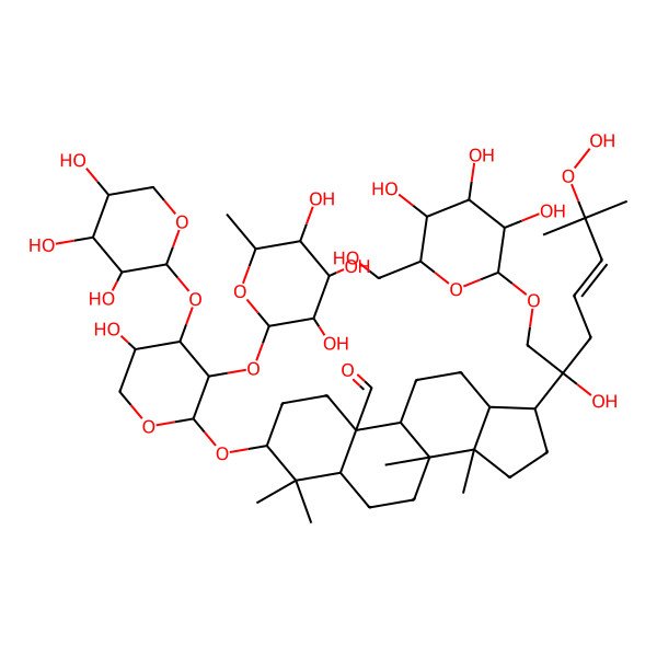 2D Structure of 17-[6-hydroperoxy-2-hydroxy-6-methyl-1-[3,4,5-trihydroxy-6-(hydroxymethyl)oxan-2-yl]oxyhept-4-en-2-yl]-3-[5-hydroxy-3-(3,4,5-trihydroxy-6-methyloxan-2-yl)oxy-4-(3,4,5-trihydroxyoxan-2-yl)oxyoxan-2-yl]oxy-4,4,8,14-tetramethyl-2,3,5,6,7,9,11,12,13,15,16,17-dodecahydro-1H-cyclopenta[a]phenanthrene-10-carbaldehyde