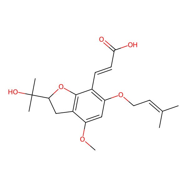 2D Structure of (E)-3-[2-(2-hydroxypropan-2-yl)-4-methoxy-6-(3-methylbut-2-enoxy)-2,3-dihydro-1-benzofuran-7-yl]prop-2-enoic acid