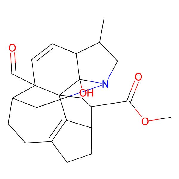 2D Structure of Methyl 18-formyl-19-hydroxy-14-methyl-12-azahexacyclo[10.6.1.11,4.010,18.015,19.07,20]icosa-7(20),16-diene-3-carboxylate