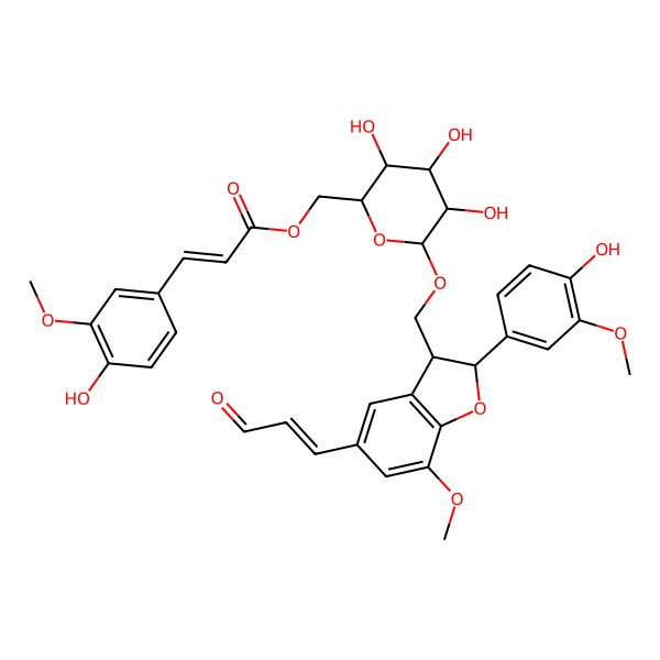 2D Structure of [(3R,4S,5S)-3,4,5-trihydroxy-6-[[2-(4-hydroxy-3-methoxyphenyl)-7-methoxy-5-[(E)-3-oxoprop-1-enyl]-2,3-dihydro-1-benzofuran-3-yl]methoxy]oxan-2-yl]methyl (E)-3-(4-hydroxy-3-methoxyphenyl)prop-2-enoate