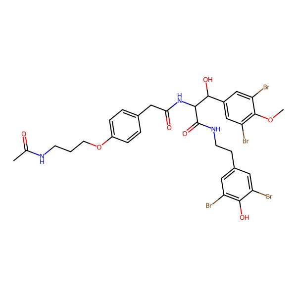 2D Structure of (2R,3R)-2-[[2-[4-(3-acetamidopropoxy)phenyl]acetyl]amino]-N-[2-(3,5-dibromo-4-hydroxyphenyl)ethyl]-3-(3,5-dibromo-4-methoxyphenyl)-3-hydroxypropanamide