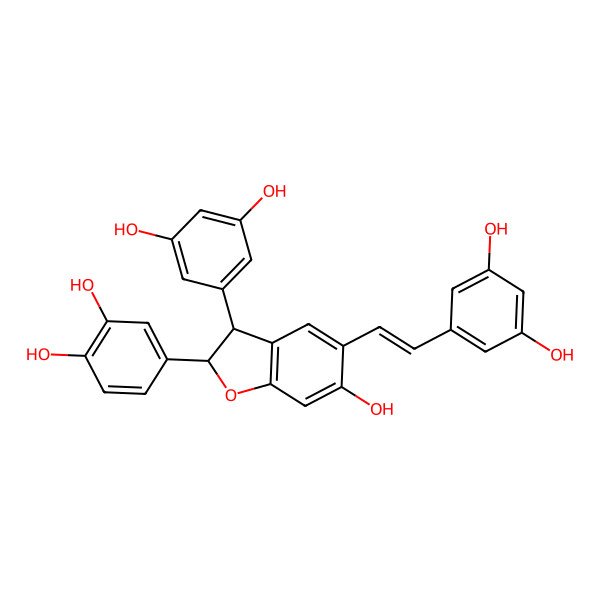 2D Structure of 4-[3-(3,5-Dihydroxyphenyl)-5-[2-(3,5-dihydroxyphenyl)ethenyl]-6-hydroxy-2,3-dihydro-1-benzofuran-2-yl]benzene-1,2-diol