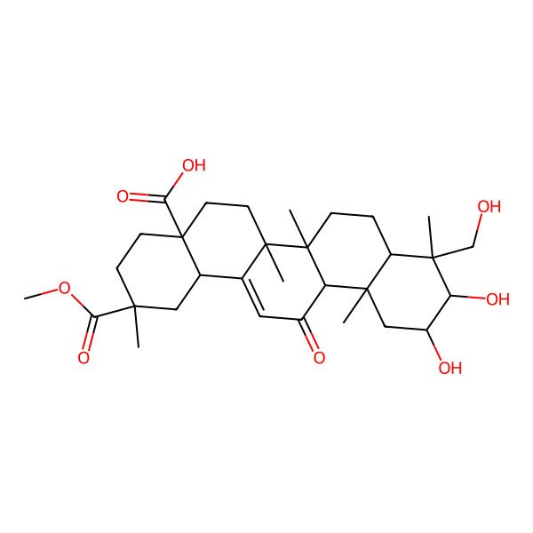 2D Structure of (2S,4aR,6aR,6aS,6bR,8aS,9R,10R,11S,12aS,14bS)-10,11-dihydroxy-9-(hydroxymethyl)-2-methoxycarbonyl-2,6a,6b,9,12a-pentamethyl-13-oxo-3,4,5,6,6a,7,8,8a,10,11,12,14b-dodecahydro-1H-picene-4a-carboxylic acid 2D Structure of (2S,4aR,6aR,6aS,6bR,8aS,9R,10R,11S,12aS,14bS)-10,11-dihydroxy-9-(hydroxymethyl)-2-methoxycarbonyl-2,6a,6b,9,12a-pentamethyl-13-oxo-3,4,5,6,6a,7,8,8a,10,11,12,14b-dodecahydro-1H-picene-4a-carboxylic acid