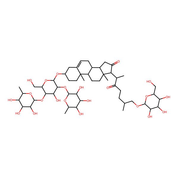 2D Structure of 3-[4-Hydroxy-6-(hydroxymethyl)-3,5-bis[(3,4,5-trihydroxy-6-methyloxan-2-yl)oxy]oxan-2-yl]oxy-10,13-dimethyl-17-[6-methyl-3-oxo-7-[3,4,5-trihydroxy-6-(hydroxymethyl)oxan-2-yl]oxyheptan-2-yl]-1,2,3,4,7,8,9,11,12,14,15,17-dodecahydrocyclopenta[a]phenanthren-16-one