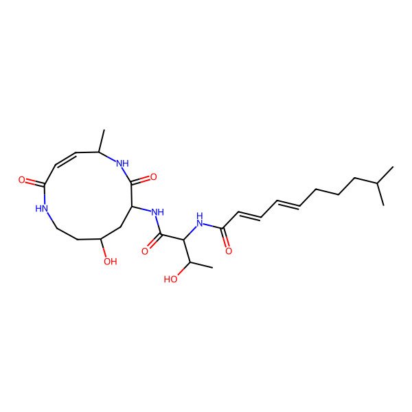 2D Structure of N-[3-hydroxy-1-[(10-hydroxy-5-methyl-2,7-dioxo-1,6-diazacyclododec-3-en-8-yl)amino]-1-oxobutan-2-yl]-9-methyldeca-2,4-dienamide