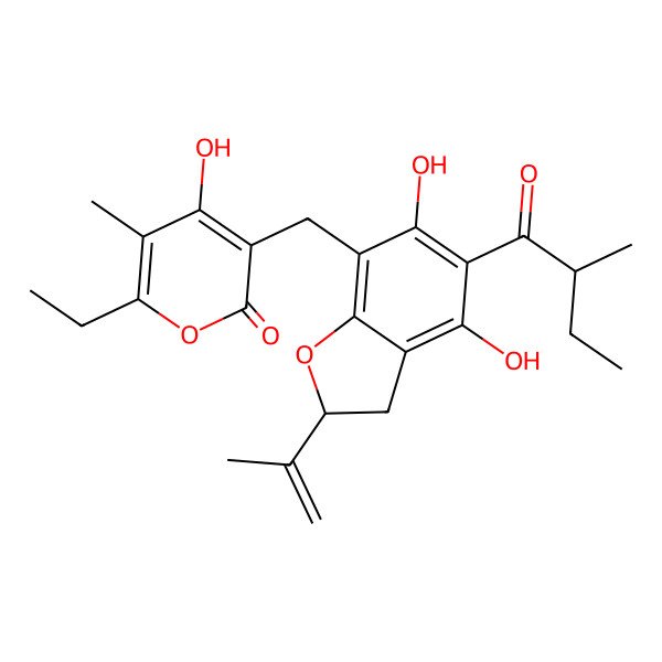 2D Structure of 3-[[(2R)-4,6-dihydroxy-5-[(2R)-2-methylbutanoyl]-2-prop-1-en-2-yl-2,3-dihydro-1-benzofuran-7-yl]methyl]-6-ethyl-4-hydroxy-5-methylpyran-2-one