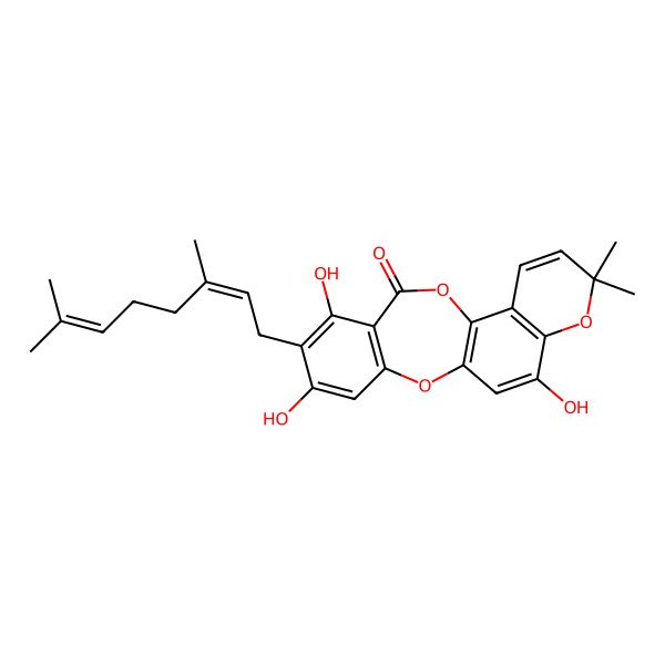 2D Structure of 6-(3,7-Dimethylocta-2,6-dienyl)-5,7,18-trihydroxy-15,15-dimethyl-2,10,16-trioxatetracyclo[9.8.0.03,8.012,17]nonadeca-1(11),3(8),4,6,12(17),13,18-heptaen-9-one